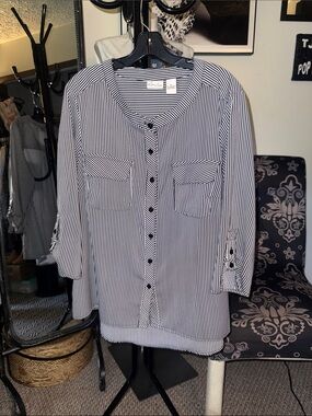Kim Rogers Black and White Vertical Stripe Button-Front Shirt